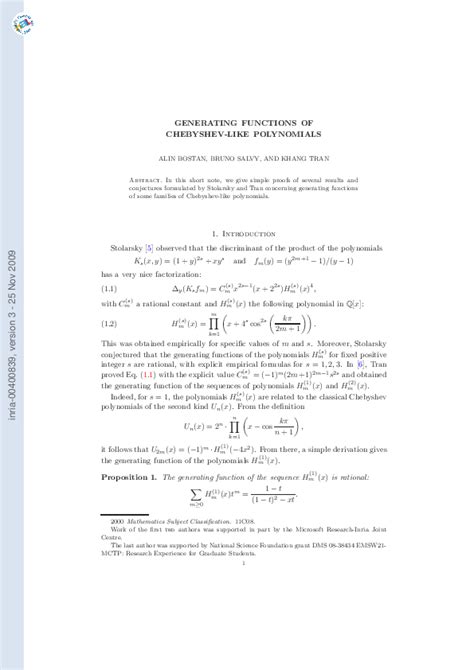 (PDF) Generating functions of Chebyshev-like polynomials | Khang Tran ...