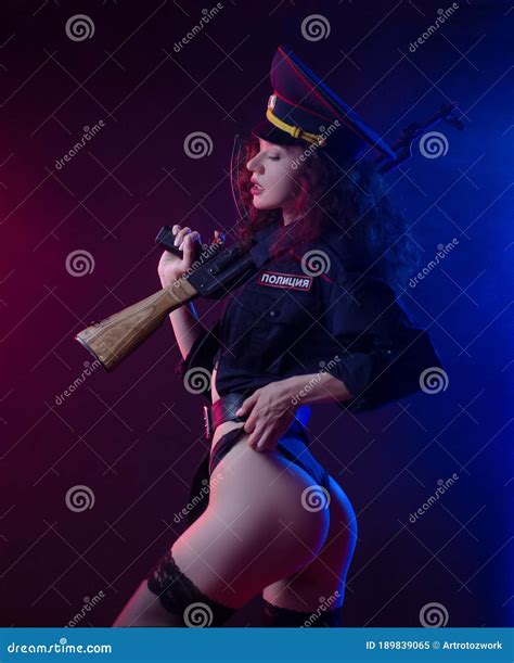 Naked Girl In A Police Uniform With A Gun Kalashnikov English Translation Of The Police Stock