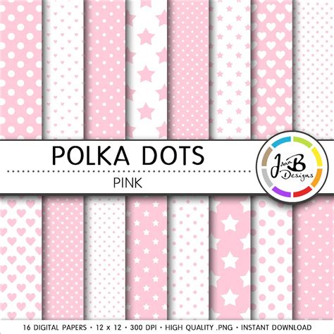 polka dots digital paper light pink pink white dots hearts stars