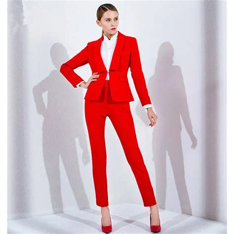 Red Ladies Office Uniforms 2 Piece Set Women Business Suits Female