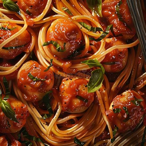 AI Generated Illustration of Spaghetti with Shrimp in Marinara Sauce