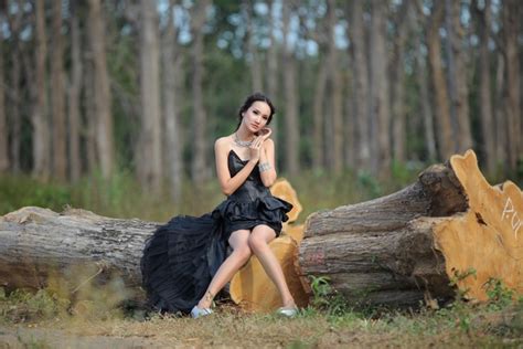 K K Asian Trunk Tree Brunette Girl Dress Sitting Legs Hd Wallpaper Rare Gallery