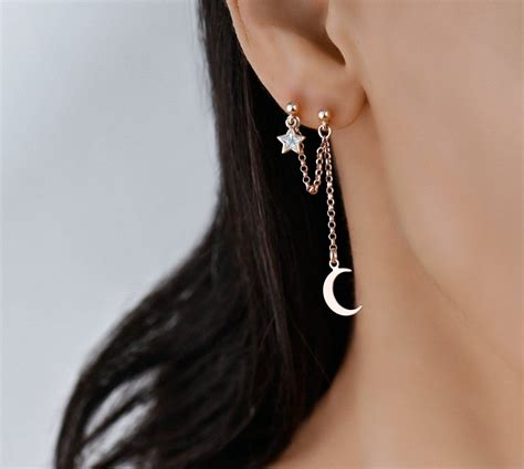 Double Stud Chain Earring Moon And Star Long Chain Earring Double