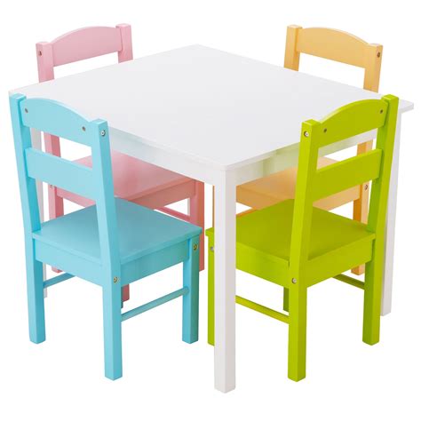 Costway 5 Piece Kids Wood Table Chair Set Activity Toddler Playroom ...