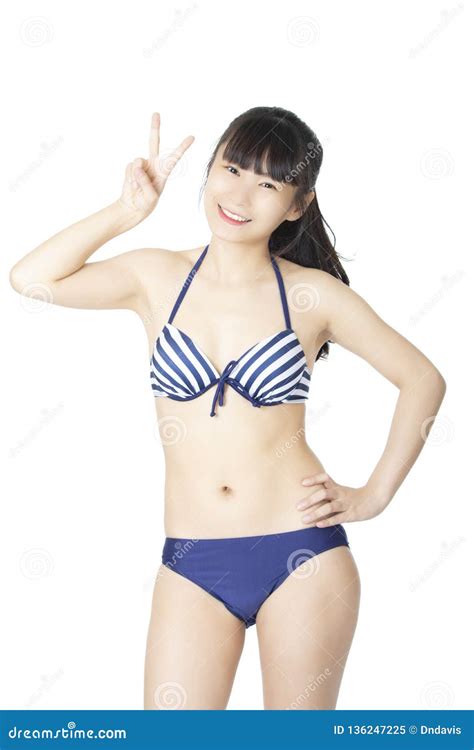 Beautiful Chinese Woman Wearing A Bikini On White Background Stock