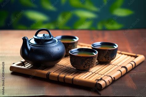 Asian Tea Set Japanese Teapot And Cups On Bamboo Mat Generative Ai Hot Tea In Pot And Teacups