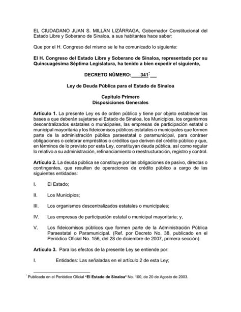 Ley De Deuda P Blica Para El Estado De Sinaloa