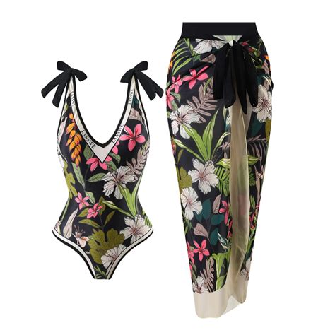 Women S Floral Print Bathing Suit Swimwear Bodysuit Cover Up Beachwear Bikini With Skirt One