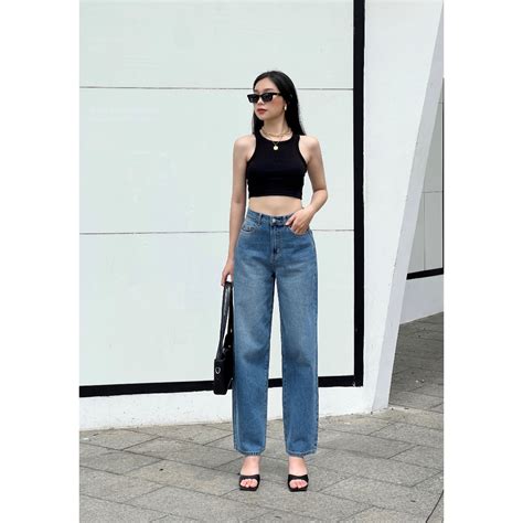 Quần Jeans Nữ Ống Rộng Lưng Cao Phom Suông Màu Xanh Wash Sáng Hot Trend L B Shopee Việt Nam