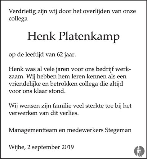 Hendrik Jan Henk Platenkamp 29 08 2019 Overlijdensbericht En