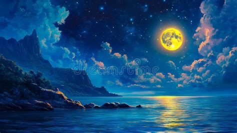 A Painting Of A Full Moon Over A Body Of Water Stock Image Image Of