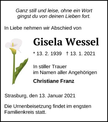 Traueranzeigen Von Gisela Wessel Trauer Nordkurier