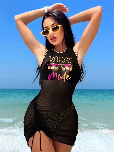 Swim Vcay Summer 3pcs Women Sexy Leopard Print Bikini Set Fashionable Bikini With Floral Print