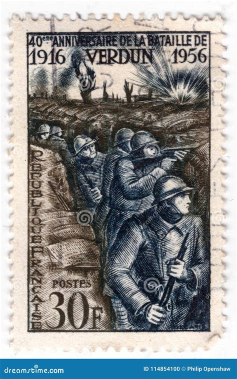 An Old Blue French Postage Stamp With An Of World War One Soldiers In