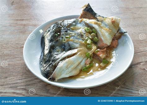 Boiled Salmon Fish Head With Soy Sauce On Plate Stock Photo Image Of