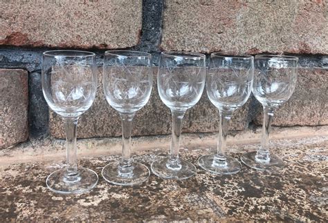 Vintage Etched Glass Aperitif Glasses, Cordial Glasses, Set of 5 ...