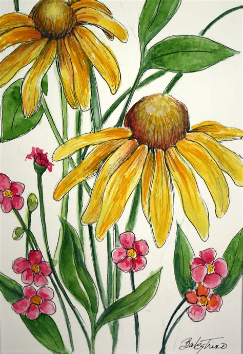 Wildflower Flowers Original Watercolor And Pen And Ink Etsy