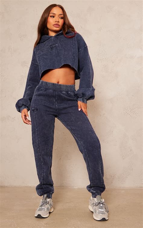 Petite Indigo Acid Wash Seam Detail Cuffed Joggers Petite