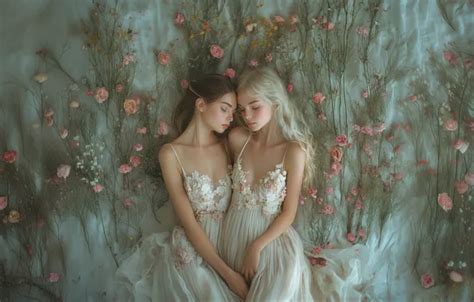 Wallpaper Flowers Women Brunette Blonde Caressing Grabbing Two Women Nervous For Mobile