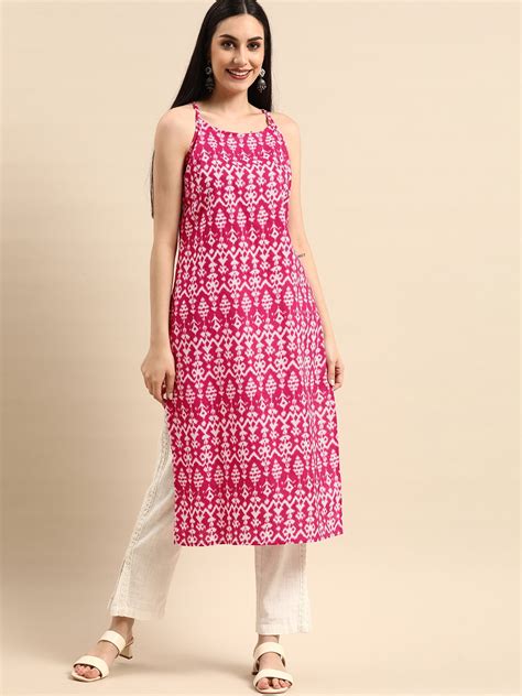 Buy Anouk Women Pink And White Ethnic Motifs Printed Shoulder Strap Kurta Kurtas For Women