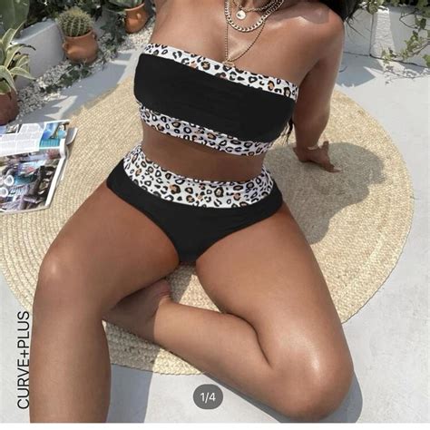 SHEIN Leopard Print And Black Bandeau Bikini Depop