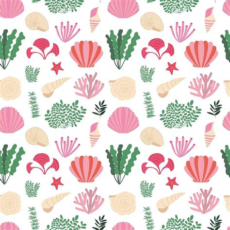 Vector Flat Algae Seashell And Seaweed Seamless Pattern Ocean Herbs