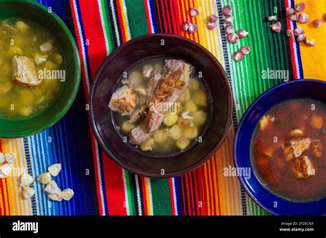 White Green And Red Pozole Mexican Pork And Hominy Corn Stew Stock