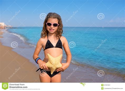 Blue Beach Girl With Bikini Starfish And Sunglasses Stock Image Image