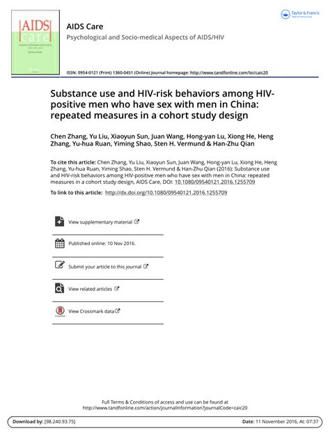 PDF Substance Use And HIV Risk Behaviors Among HIV Positive Men Who Have Sex With Men In China