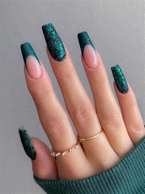 Long Coffin Emerald Green French Tips And Glitters Dark Green Nails