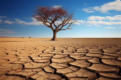 Barren Strength Lone Tree Standing Tall In A Cracked Desert Stock