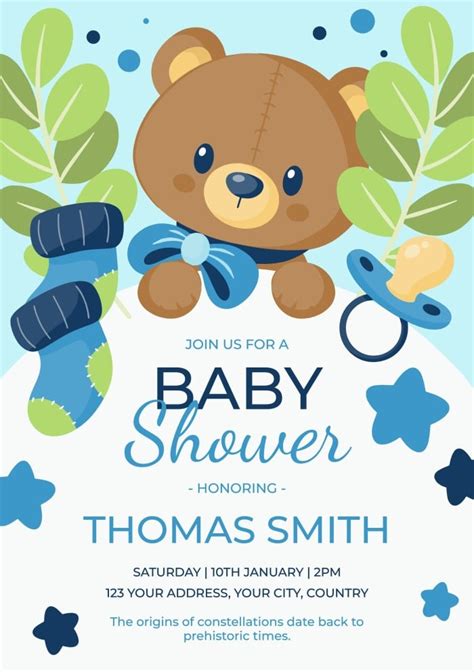 Customiza esta plantilla de Invitación de baby shower de Thomas con oso