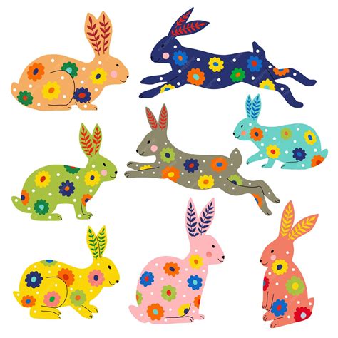 Desenhos De Coelho Coloridos - Conjunto de coelhos coloridos de arte popular vetor ilustração plana ...
