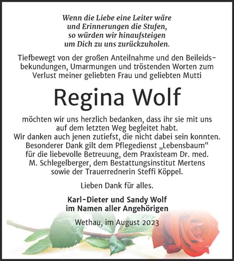 Traueranzeigen Von Regina Wolf Abschied Nehmen De