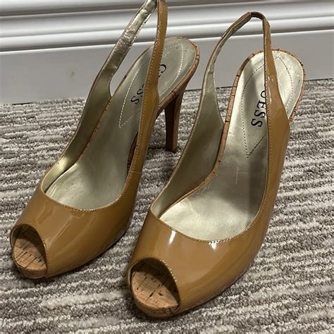 Guess Shoes Guess Euc Sling Back Cork Heels Nude Patent Leather