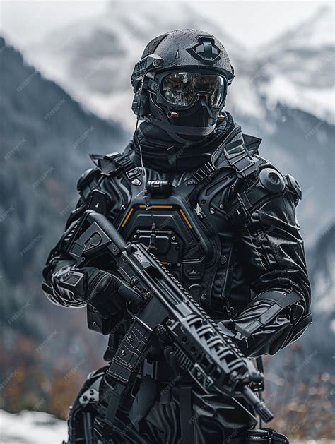 Futuristic Soldier In Black Armor Holding A Rifle In Snowy Mountain