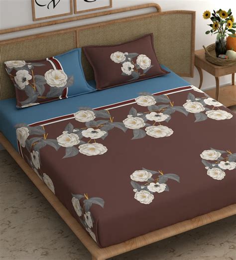 Buy Brown Floral Tc Microfiber Double Queen Bedsheet With Pillow