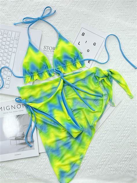 BKN SET BIKINI MÓN LOANG XANH VÀNG BÈO CHÂN NGỰC KÈM KHĂN HÔNG BIKINI MORE BIKINI
