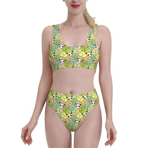 Logiee Cartoon Panda And Leaf Print Women S Piece Bikini Set Halter