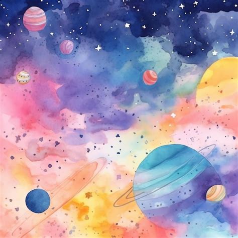 Ilustración Acuarela De Planetas En La Galaxia Con Estrellas Y Planetas En El Fondo Foto Premium