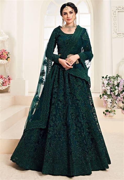 Buy Embroidered Net Lehenga In Dark Green Online Lcc Utsav Fashion