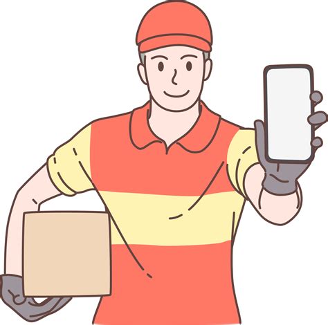 Illustration Of Delivery Man Holding Box And Showing Smartphone Presenting Characters Hand