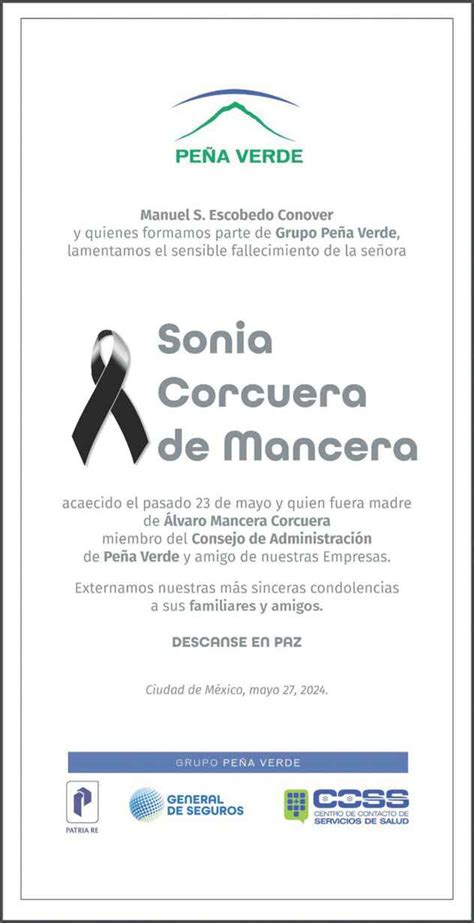 Se Ora Sonia Corcuera De Mancera Obituario Esquela