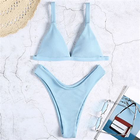 High Waist Padded Bikini Light Blue Women Swimsuit Adjustable Straps Removable Padding Support