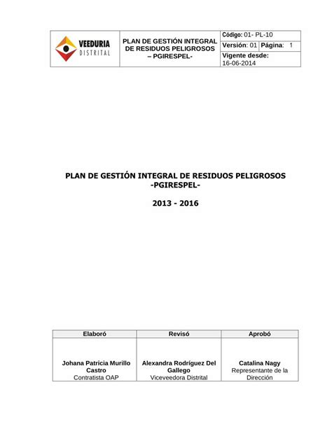 Pdf Plan De GestiÓn Integral De Residuos Peligrosos · Prevención