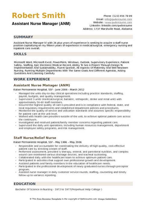 Assistant Nurse Manager Resume Samples Qwikresume