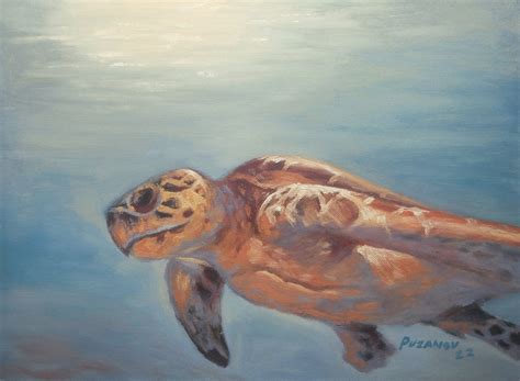 Original Oil Painting Nude Girl Swim In The Emerald Ocean With Daisies Camomile Under Water