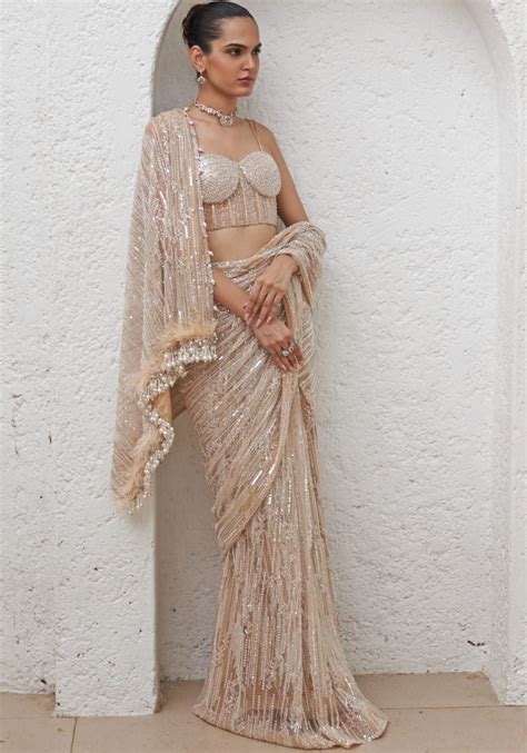 Nude Gold Embroidered Pre Stitched Saree Set With Cape Indian Bridesmaid Dresses Saree