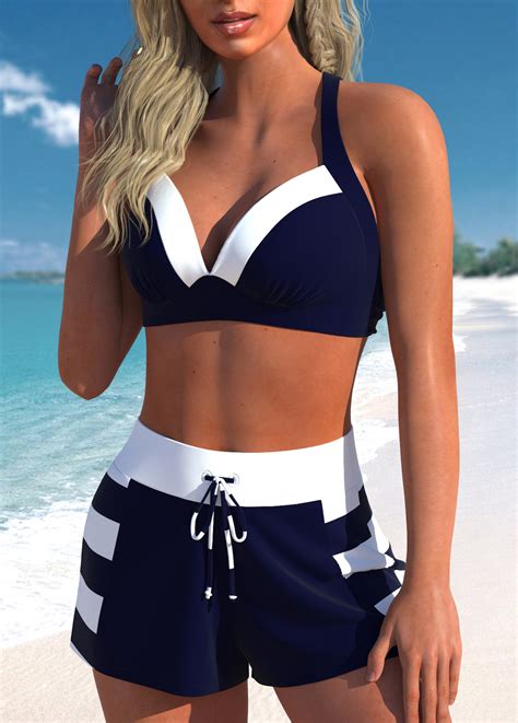 Patchwork High Waisted Striped Navy Bikini Set Modlily Usd