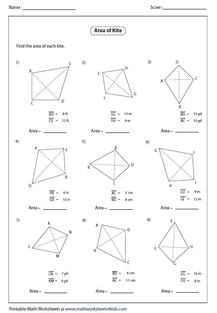 Area Of A Kite Worksheets